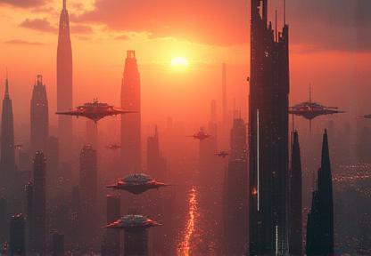 Environmental concept art depicting a futuristic city skyline at sunset